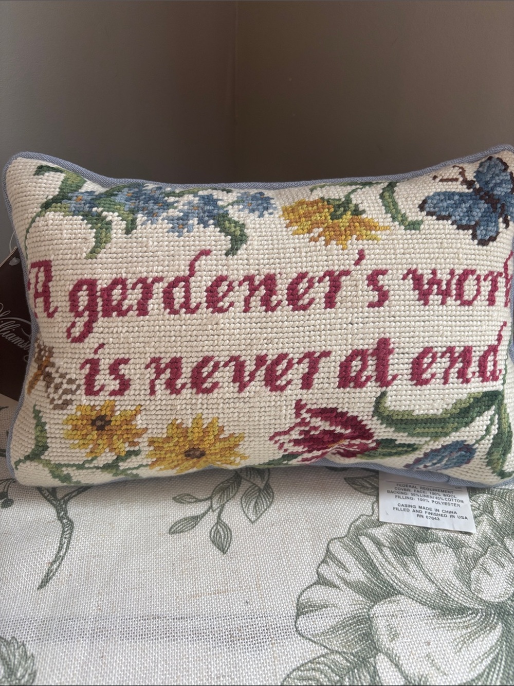 New with tags!Colonial Williamsburg Floral Needlepoint Accent Pillow with Script